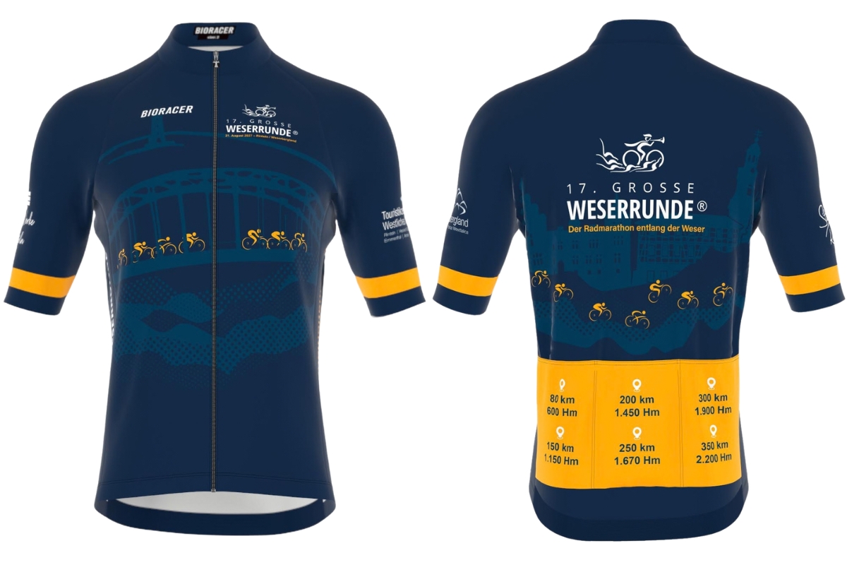Offizielles Radtrikot der 17. Großen Weserrunde mit Vorder- und Rückansicht.